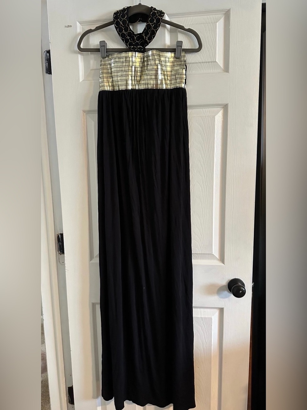 Authentic Icon Black Metallic Embellish Accent Halter Maxi Dress